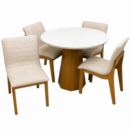Mesa de Jantar Isis com Vidro Redonda 100cm e 4 Cadeiras Sofia em Linho Madeira New Ceval