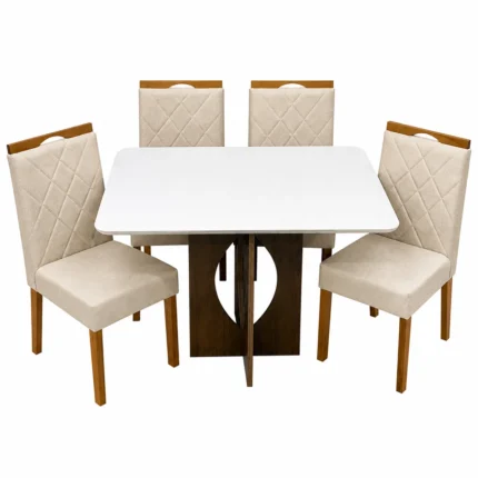 Mesa de Jantar Madrid 120x80cm com 4 Cadeiras California em Linho Estofadas Minas Plac