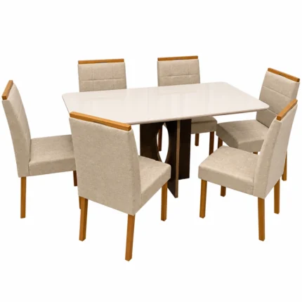 Mesa de Jantar Madrid 160x80cm com 4 Cadeiras Giulia em Linho Estofadas Minas Plac