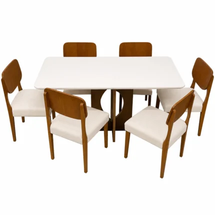 Mesa de Jantar Madrid 160x80cm com 6 Cadeiras Barcelona em Linho Madeira Minas Plac