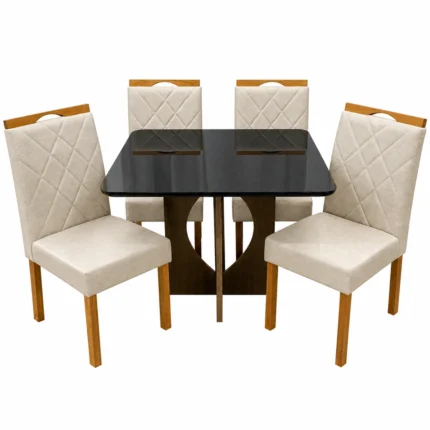 Mesa de Jantar Madrid 90x90cm com 4 Cadeiras California em Veludo Estofadas Minas Plac