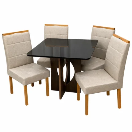 Mesa de Jantar Madrid 90x90cm com 4 Cadeiras Giulia em Linho Estofadas Minas Plac