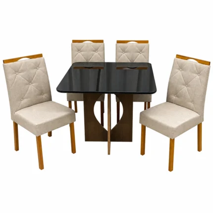 Mesa de Jantar Madrid 90x90cm com 4 Cadeiras Jasmim em Veludo Estofadas Minas Plac