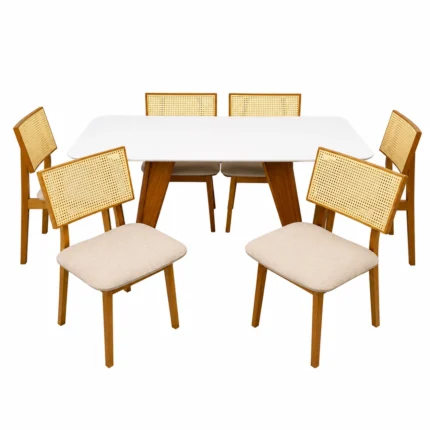 Mesa de Jantar Olimpo 180x90cm com 6 Cadeiras Grecia em Linho Madeira Lj Móveis