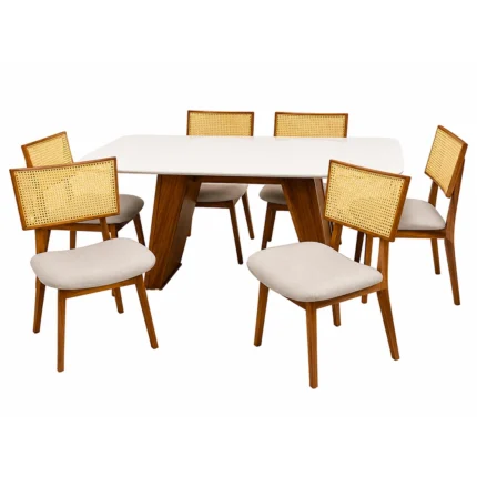 Mesa de Jantar Olimpo 180x90cm com 6 Cadeiras Livia em Linho Madeira Lj Móveis