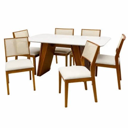 Mesa de Jantar Olimpo 180x90cm com 6 Cadeiras Oiti em Linho Madeira Lj Móveis