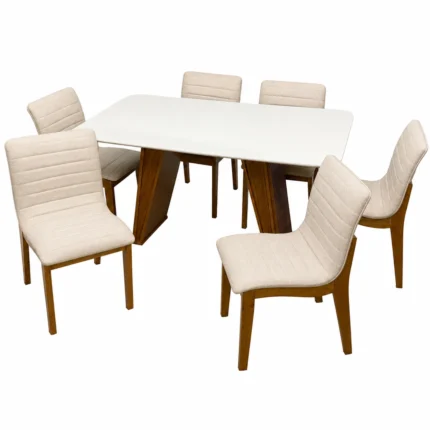 Mesa de Jantar Olimpo 180x90cm com 6 Cadeiras Sofia em Linho Madeira Lj Móveis