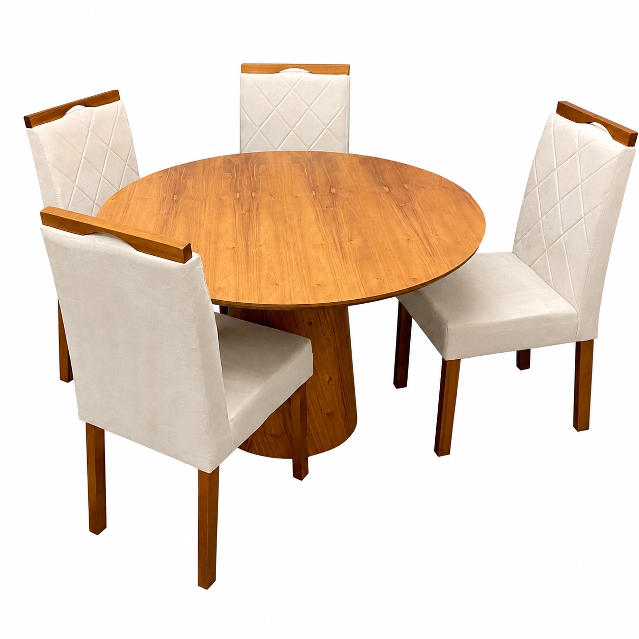 Mesa-de-Jantar-Paris-Redonda-120cm-com-4-Cadeiras-California-em-Veludo-Estofadas-Minas-Plac-Cinamomo-com-Tecido-Bege-42383