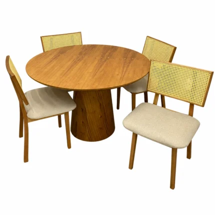 Mesa de Jantar Paris Redonda 120cm com 4 Cadeiras Diamante em Linho Madeira Minas Plac