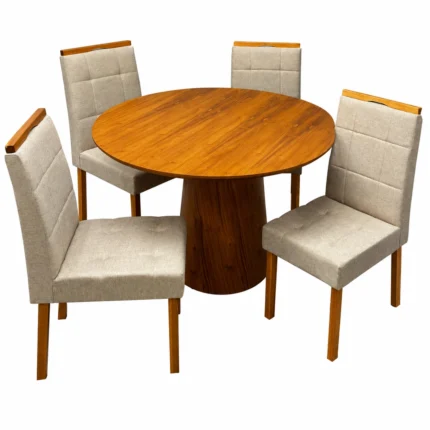 Mesa de Jantar Paris Redonda 120cm com 4 Cadeiras Giulia em Linho Estofadas Minas Plac