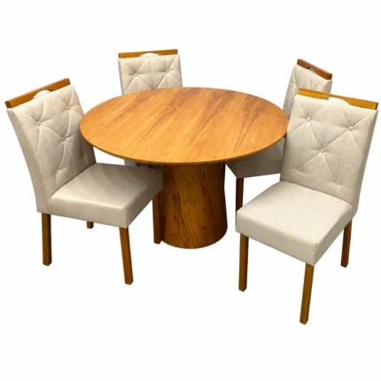 Mesa de Jantar Paris Redonda 120cm com 4 Cadeiras Jasmim em Veludo Estofadas Minas Plac