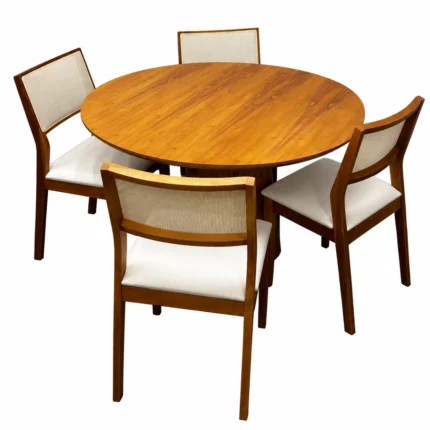 Mesa de Jantar Paris Redonda 120cm com 4 Cadeiras Oiti em Linho Madeira Minas Plac