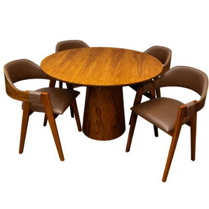 Mesa de Jantar Paris Redonda 120cm com 4 Cadeiras Perola em Corino Madeira Minas Plac