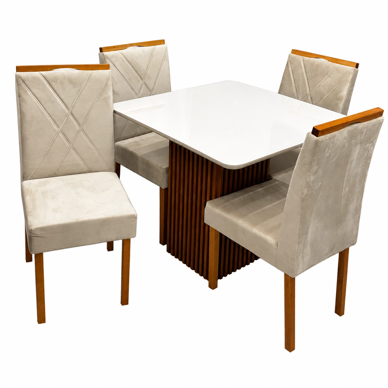 Mesa-de-Jantar-Riviera-90x90cm-com-4-Cadeiras-California-em-Veludo-Estofadas-Lj-Moveis-Cinamomo-Off-White-com-Tecido-Bege-85708