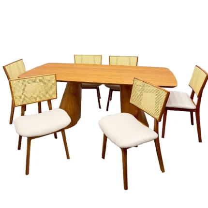 Mesa de Jantar Santorini 240x120cm e 6 Cadeiras Diamante em Linho Madeira Minas Plac