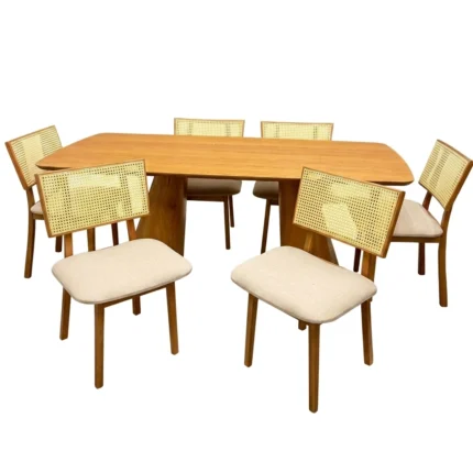 Mesa de Jantar Santorini 240x120cm e 6 Cadeiras Livia em Linho Madeira Minas Plac