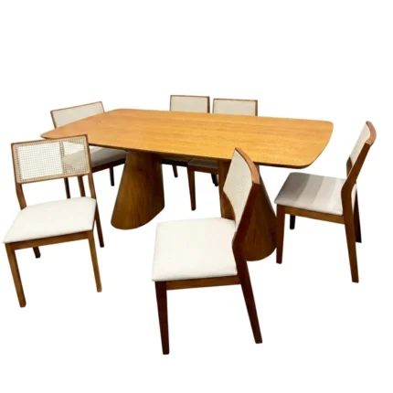 Mesa de Jantar Santorini 240x120cm e 6 Cadeiras Oiti em Linho Madeira Minas Plac