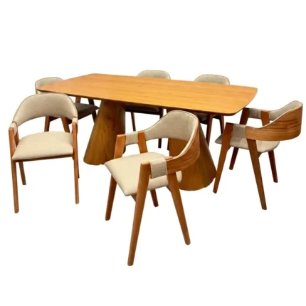 Mesa de Jantar Santorini 240x120cm e 6 Cadeiras Perola em Linho Madeira Minas Plac