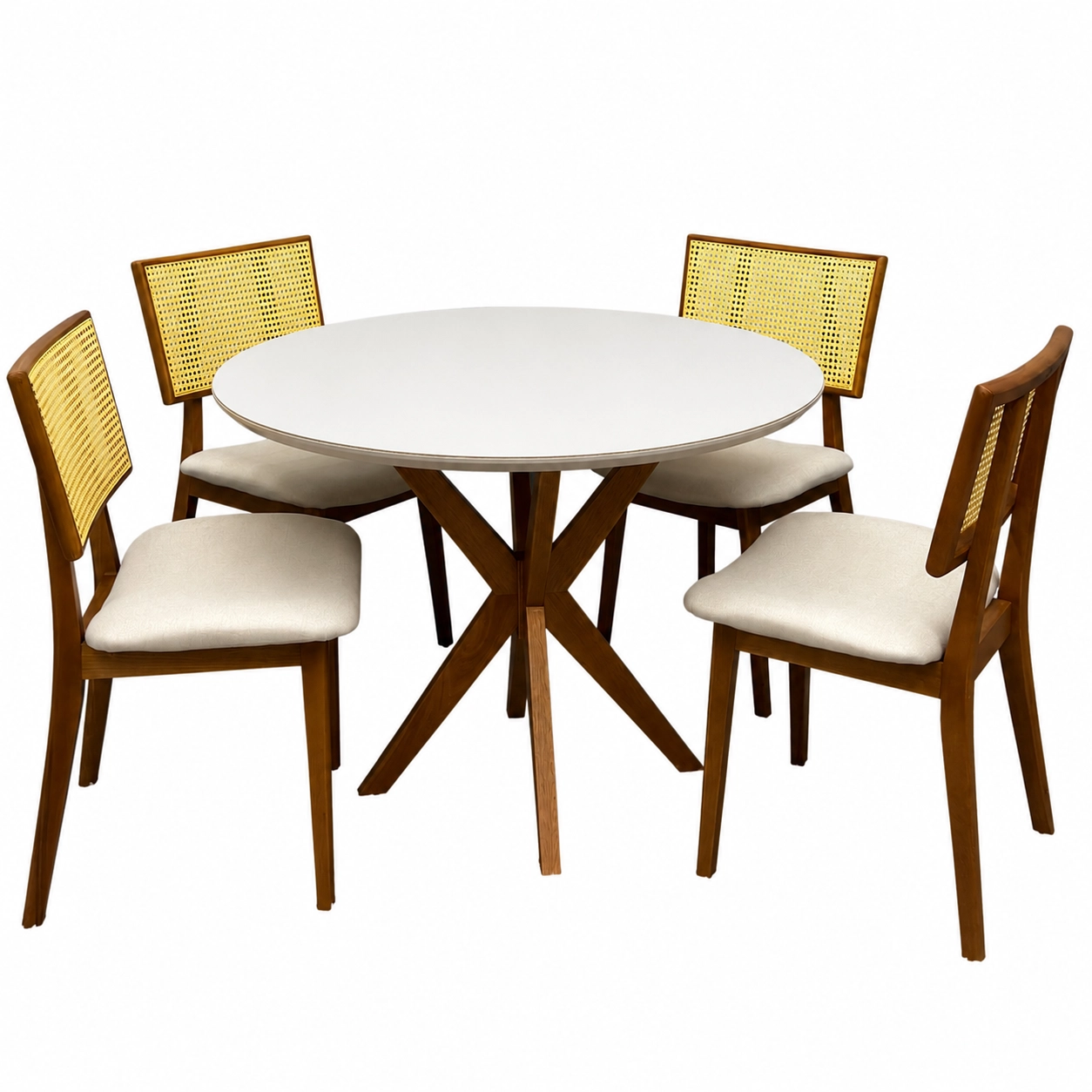 Mesa-de-Jantar-Simpatia-com-Vidro-Redonda-108cm-com-4-Cadeiras-Livia-em-Linho-Madeira-Jcm-Cinamomo-Off-White-com-Tecido-Bege-60127