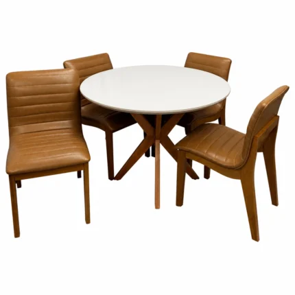 Mesa de Jantar Simpatia com Vidro Redonda 108cm com 4 Cadeiras Sofia em Corino Madeira Jcm