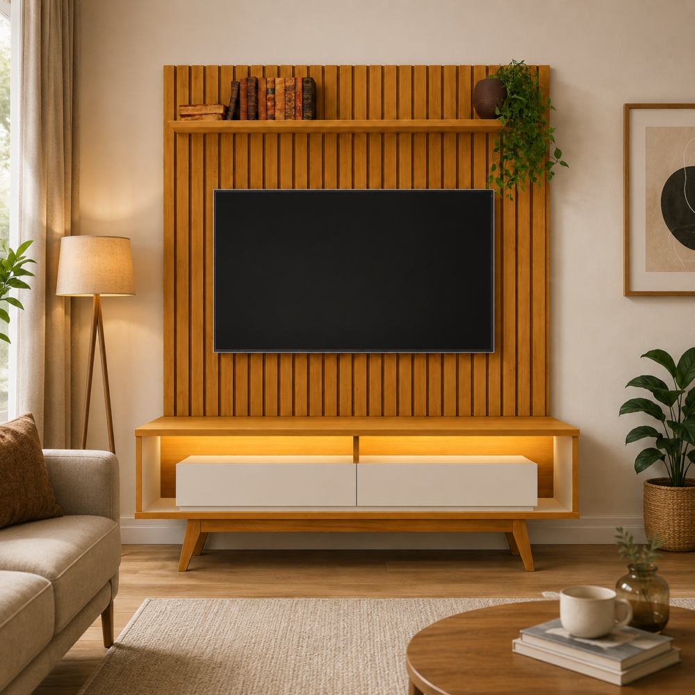 Rack com Painel Roma 180cm com Prateleira e Led 2 Gavetas Ripado Rv ...