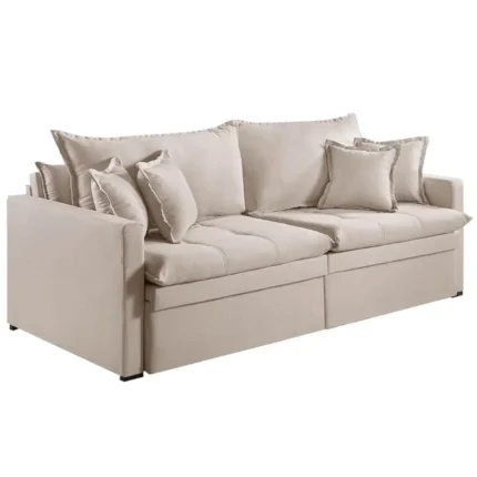 Sofá Ravena 220cm Retrátil com Baú e Almofadas Soltas 4 Lugares Tecido Linho Arpan