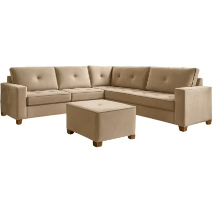 Sofá de Canto França Zarat 5 Lugares com Puff e Almofadas Soltas Tecido Veludo